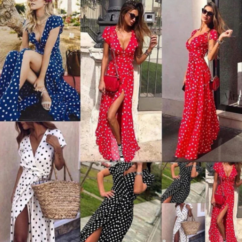 

Women Bohemian Dots Printed Party Dress Short Sleeve V Neck Casual Dress 2021 Summer Fashion Split Women Long Dress