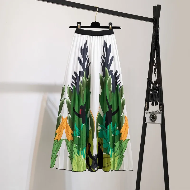 

Fashion Brand Print Pleated Skirts Womens High Waist Strechy Cartoon Long Midi Skirt Female A-Line 2021