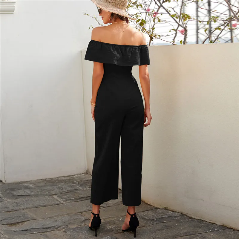 

Vintage Boho Beach Jumpsuit Women Casual Off Shoulder Solid Color Elegant Loose Button Party Night Playsuit Mono Mujer S13