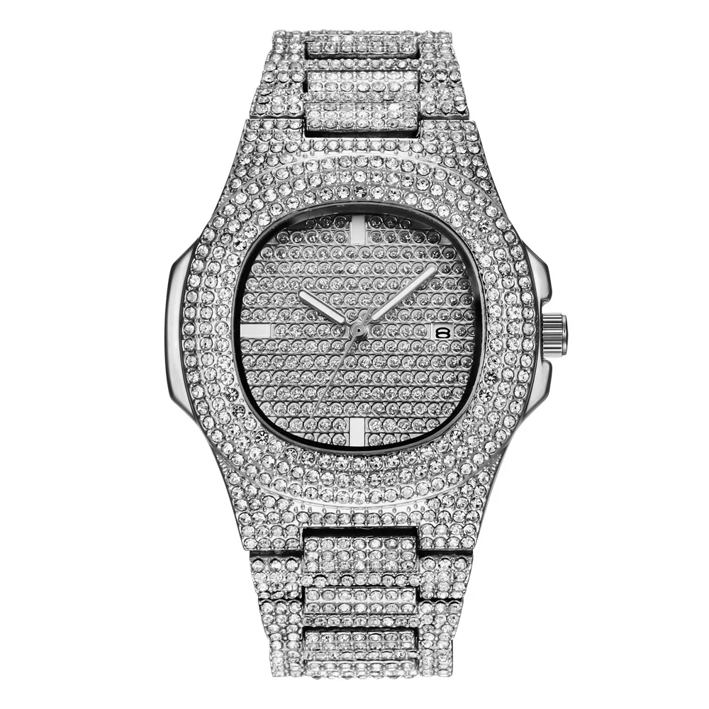 

Hot Sale Full Diamond Watches Men Hip Hop Full Diamond Mens Luxury Brand Gold Calendar Watches Business Style