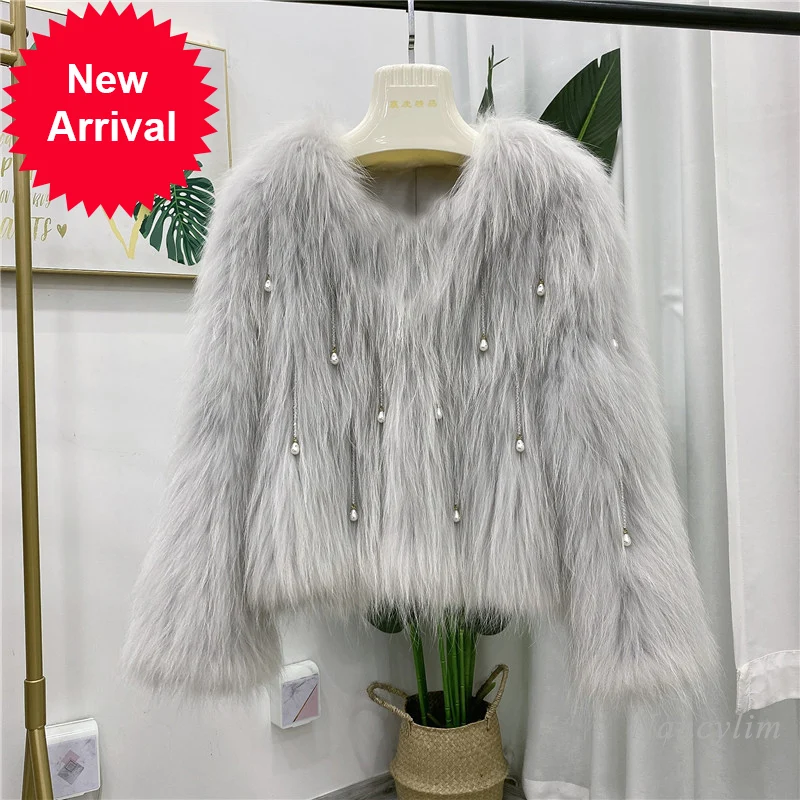 

Tassel Beaded Pink Fur Coat for Woman 2021 Autumn and Winter New Fashion Imitation Fox Fur Slimming Elegant Lady Top Outwears
