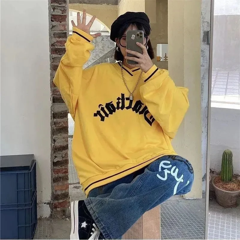 

Preppy Style Women V Neck Loose elegaht Thicked Pull Femme Print Warm and loose Casual Coat Women's long sleeve Hoodies