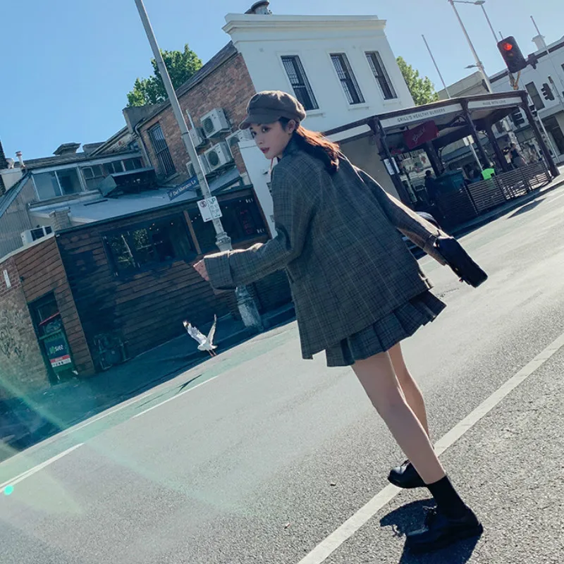 Женский блейзер с карманами nesloe повседневный клетчатый и плиссированной юбкой