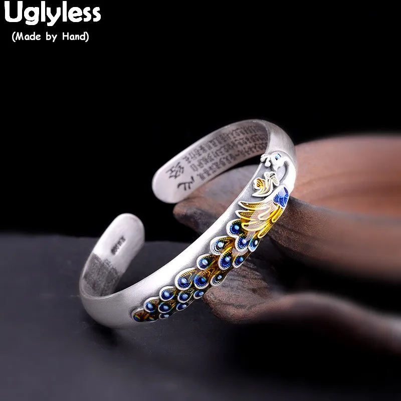 

Uglyless Solid 999 Fine Silver Open Bangles for Women Ethnic Enamel Peacock Bangle Heart Sutra Buddhistic Gifts Fine Jewel BA650