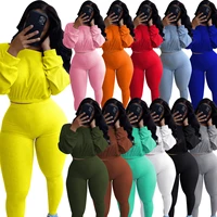 clothes for women 2020 spring autumn solid sexy elastic casual sport tight suit 2 peice sets with pullover crop top polyester
