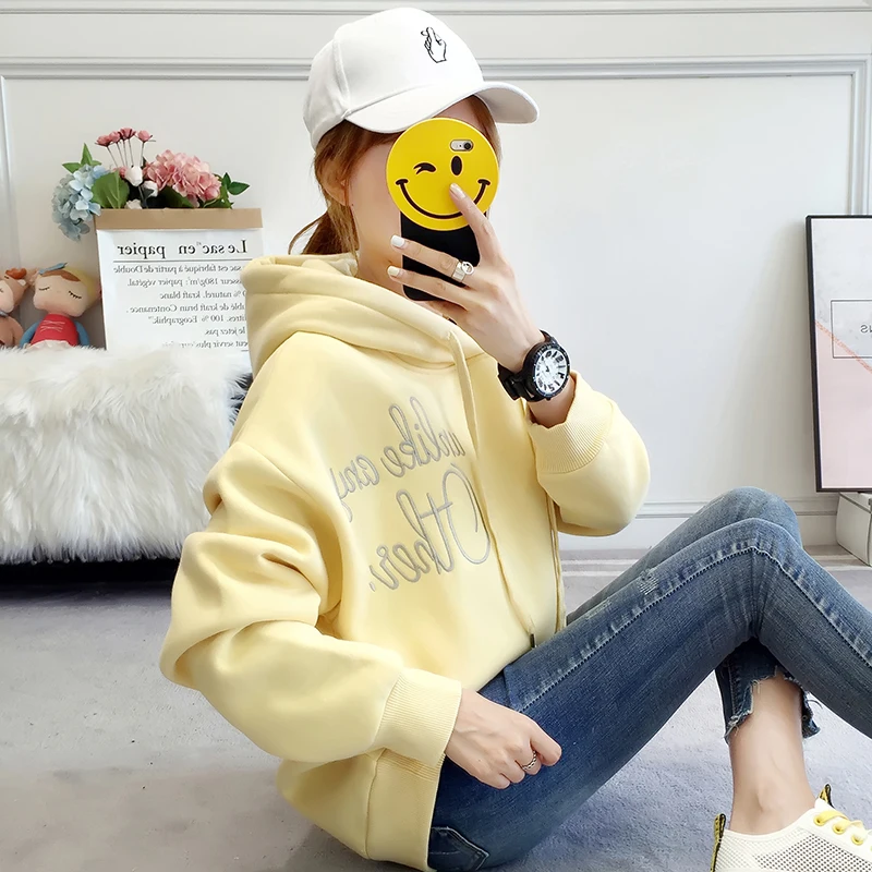 Толстовка с капюшоном Женская 2019 осень и зима корейский сплошной цвет молодых