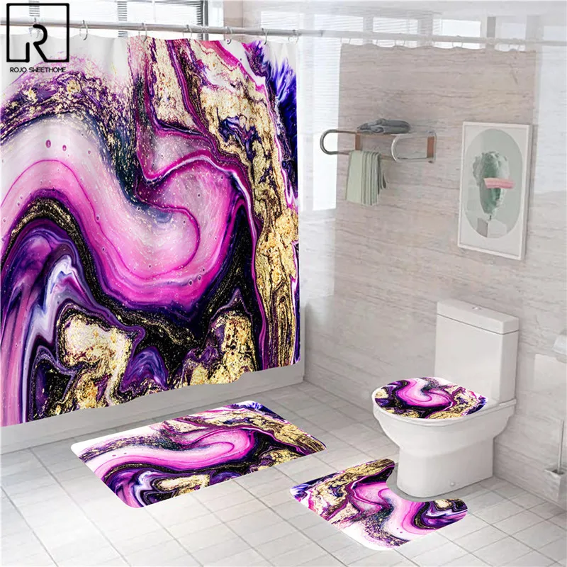 luxury shower curtain modern marble decorative bathroom curtain polyester bath screen bath house partition mat set toilet carpet free global shipping