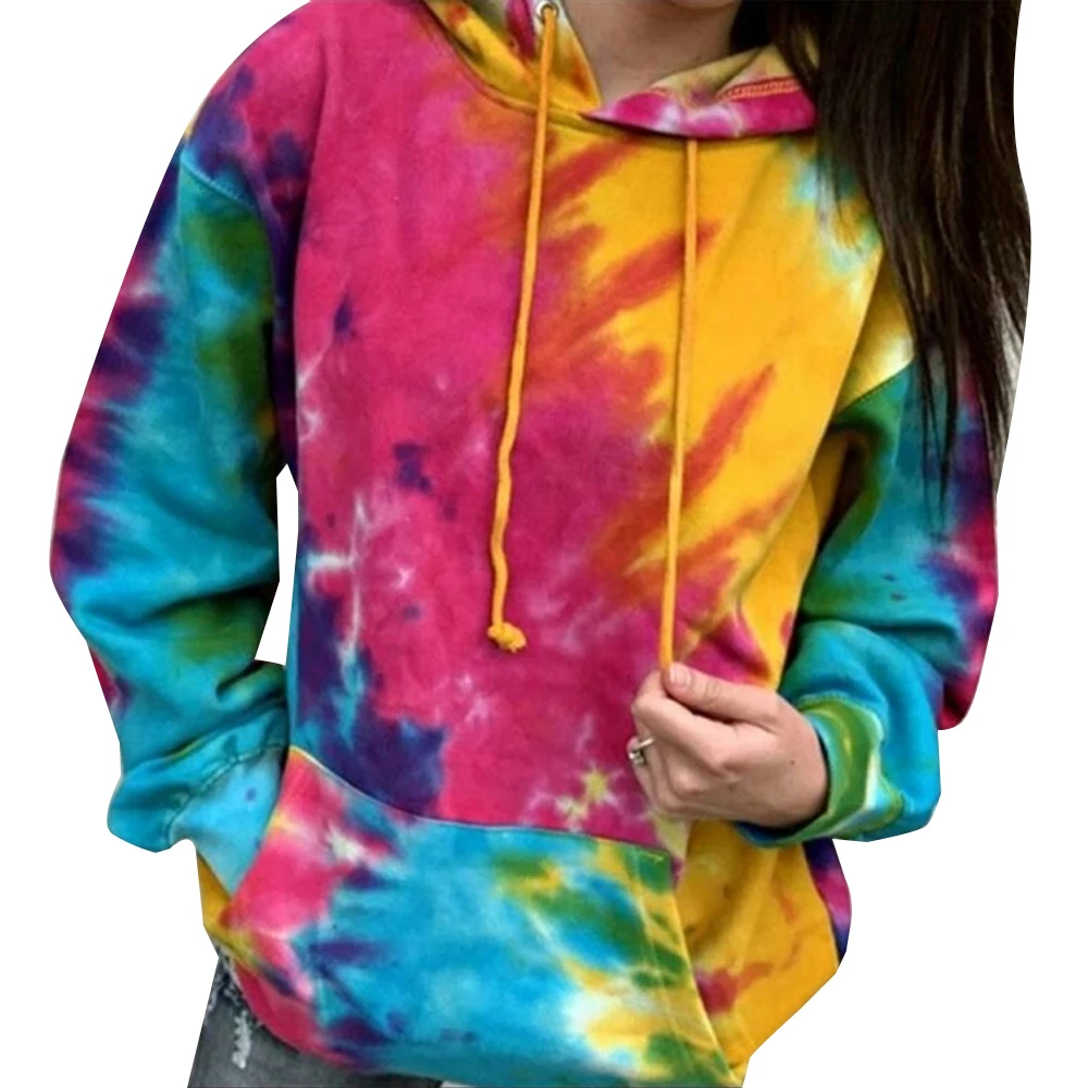 

Colorful Autumn Pullovers Women Long Sleeve Drawstring Hooded Sweatshirt Big Pocket Loose Casual Tie Dye Hoodies 2020 Trend