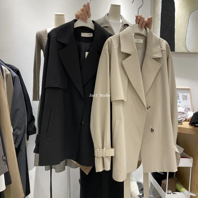 

2020 Autumn Waist Hugging Strap Slim Short Solid Trench Coat Women Loose Korean Style Notched Jacket