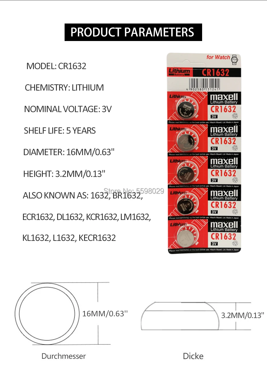 300 шт. Оригинальный бренд Новая батарея для таблеточного типа maxell cr1632 3v кнопочная