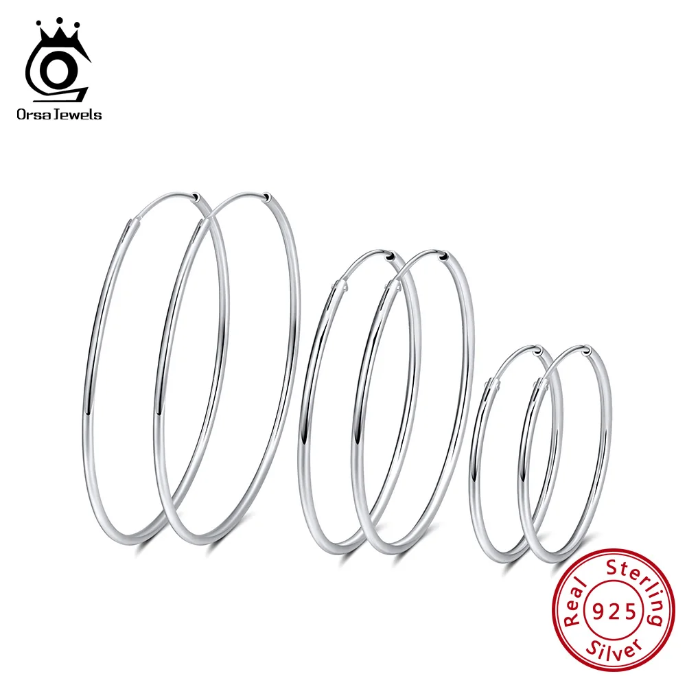 

ORSA JEWELS Genuine 925 Sterling Silver Hoop Earrings Big Circle 30cm 4cm 50cm Round Earring Women Silver Jewelry Aretes OSE146