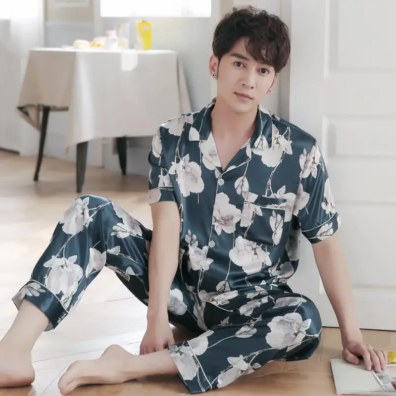 Pyjamas Men Summer Mulberry Silk Short Sleeve Shorts Thin Style True Ice Silk Large Size Men's Silk Home Suit Summer