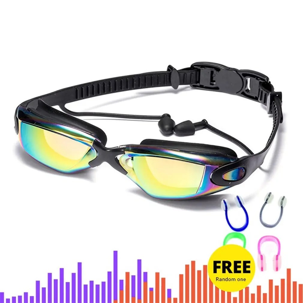 

2021 New Professional Swimming Goggles Swimming Glasses with Earplugs Nose Clip Electroplate Waterproof Silicone Glasses Adluts