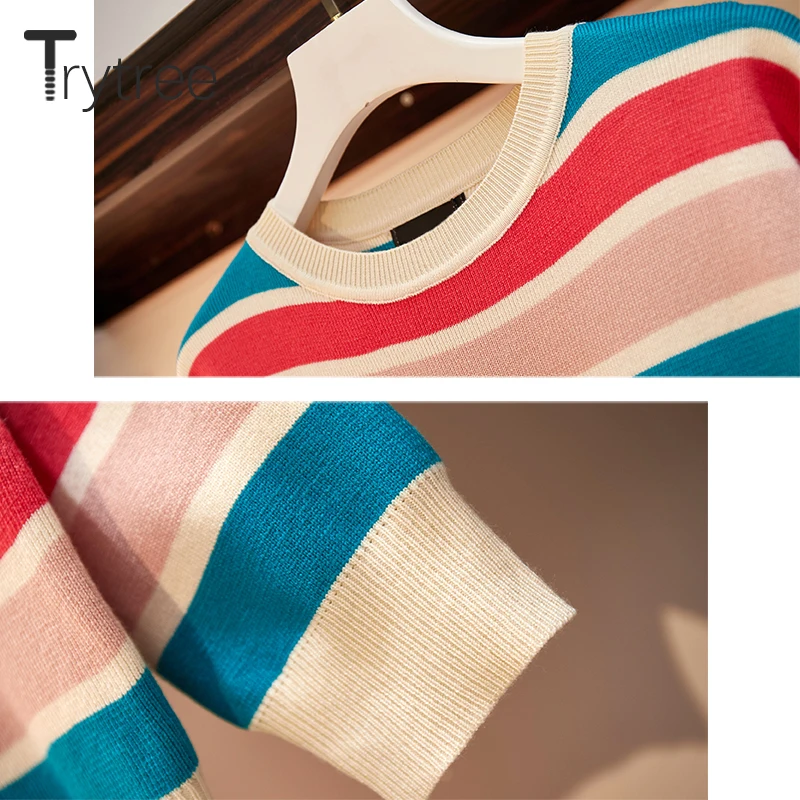 Женский комплект из двух предметов Trytree повседневный топ в полоску с круглым