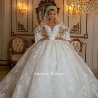 palace crystal v neck long flare sleeve dubai ball gown wedding dresses 3d flowers appliques lace saudi arabic bridal gowns