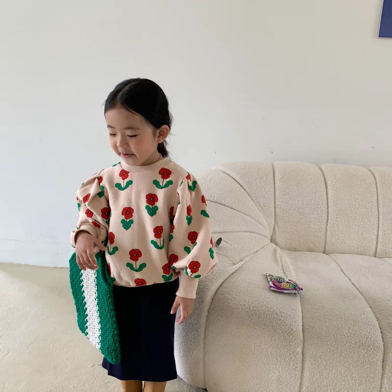 

Korean Children's Clothing 2021 Autumn and Winter New Girls' Western Style Printed Puff Sleeve Loose Velvet Thickened Sweater