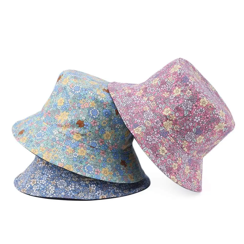 

Outdoor Travel Breathable Wide Brim Cotton Double Side Floral Fisherman Hat Fairy Bucket Hat Floral Print Sun Cap