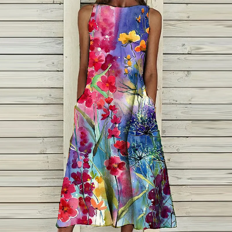 

Vintage Flower Print Pocket Long Dress 2021 Spring Round Neck Loose Party Dress Women Sexy Sleeveless Summer Beach Dress Vestido