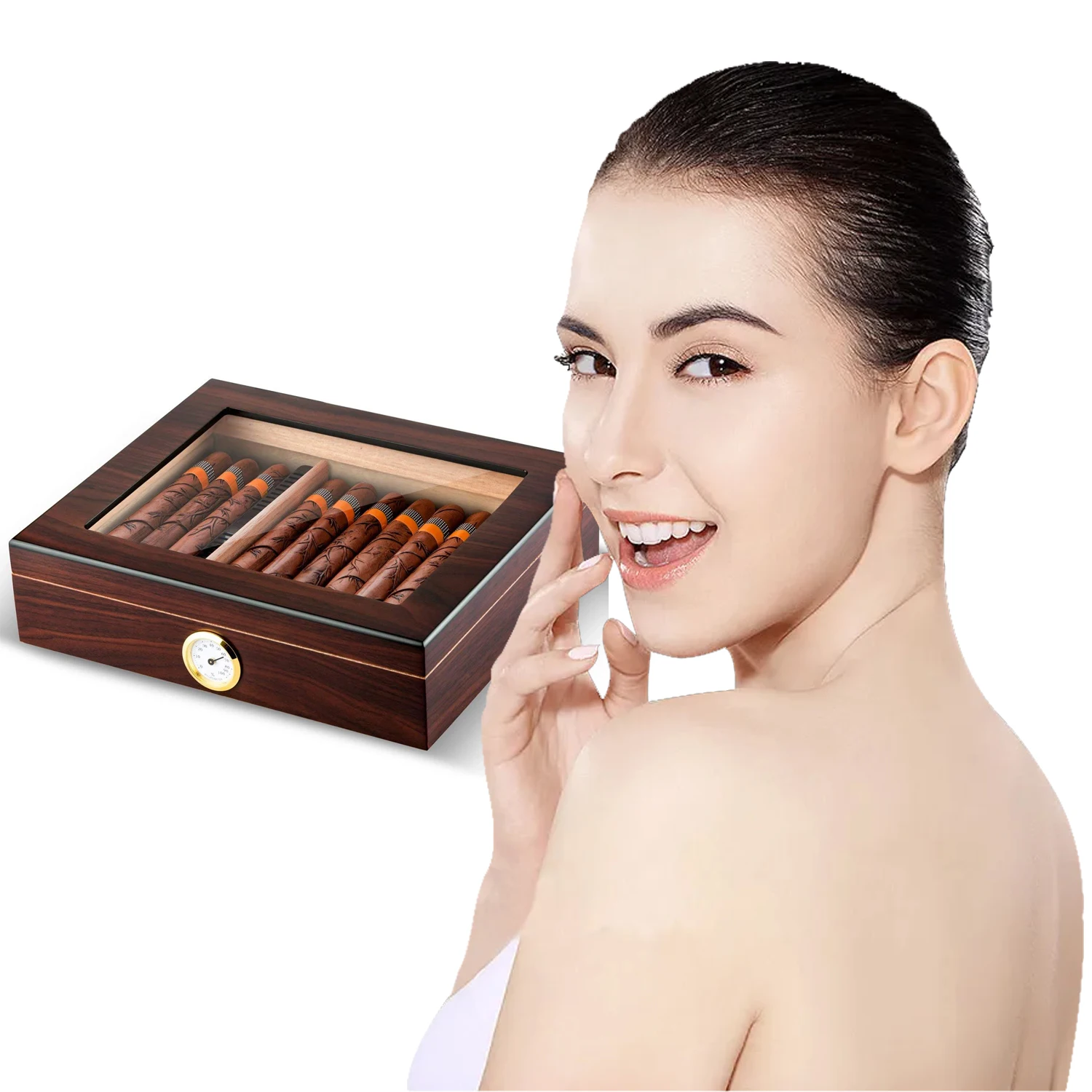 Caja de viaje de madera de cedro para cigarros, Humidificador port&aacute;til, higr&oacute;metro, caja de Sigaren-0