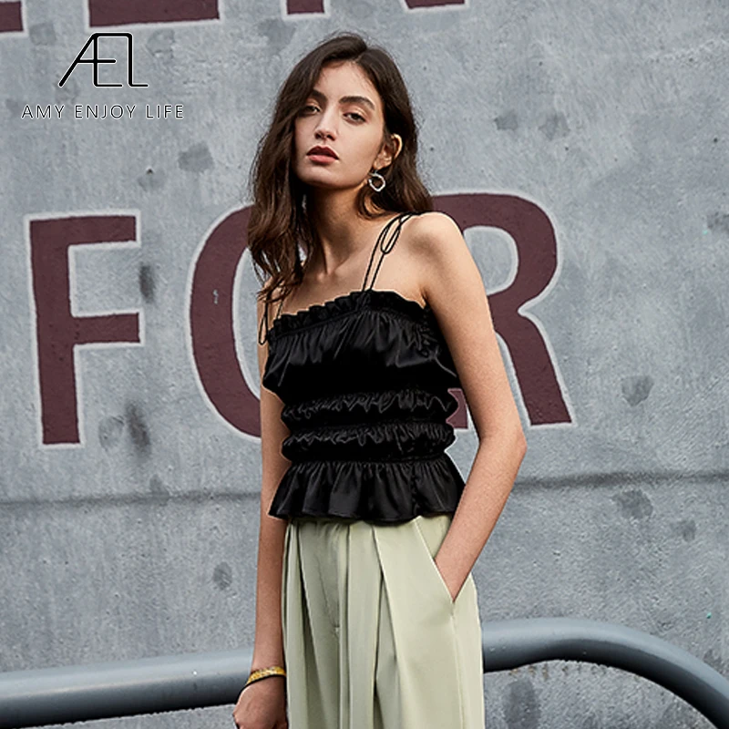 AEL black halter top women summer sexy ruffle tank tops Sleeveless Sleeveless Camisole slim Female Smocked top Clothing