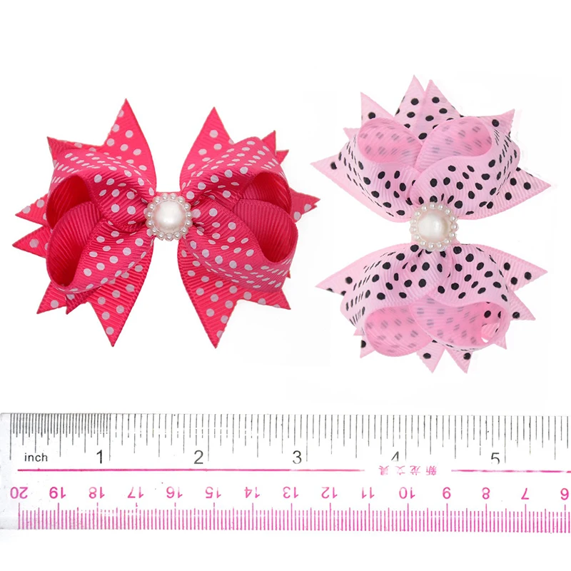 3 Inch Polka Dots Bows for Girls Kids Child 10 Pairs Grosgrain Hair Pearl Barrettes Boutique Accessory Wholesale | Детская одежда и