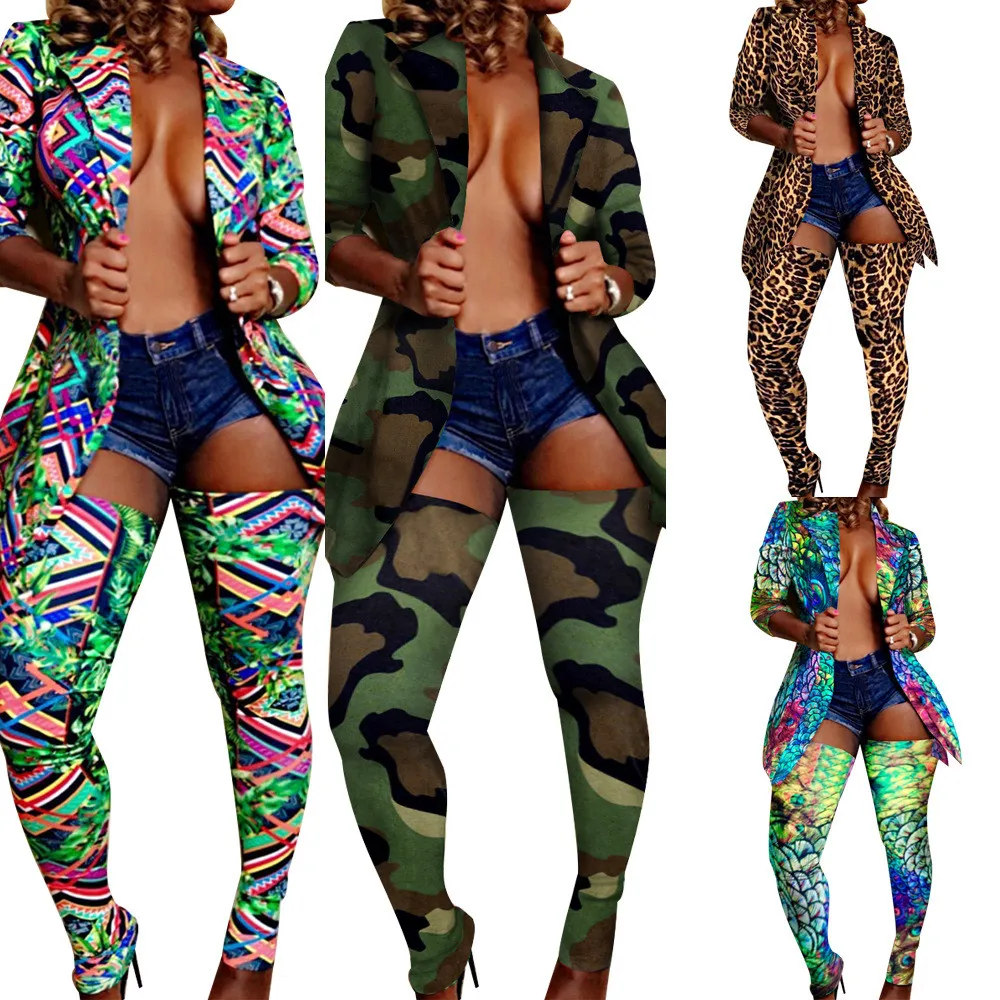 New Streetwear Hip Hop Camo Leopard Two Piece Set Women Festival Clothing Blazer Jacket and Pant Suits Sexy 2 Piece Club Outfits