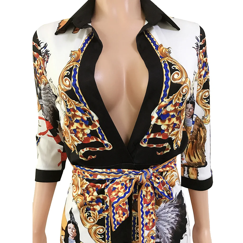 

Printed Sexy Maxi Long Dress for Women Deep V Neck Sashes Plus Size Dresses Causal Autumn Long Sleeve Fit and Flare Party Dress