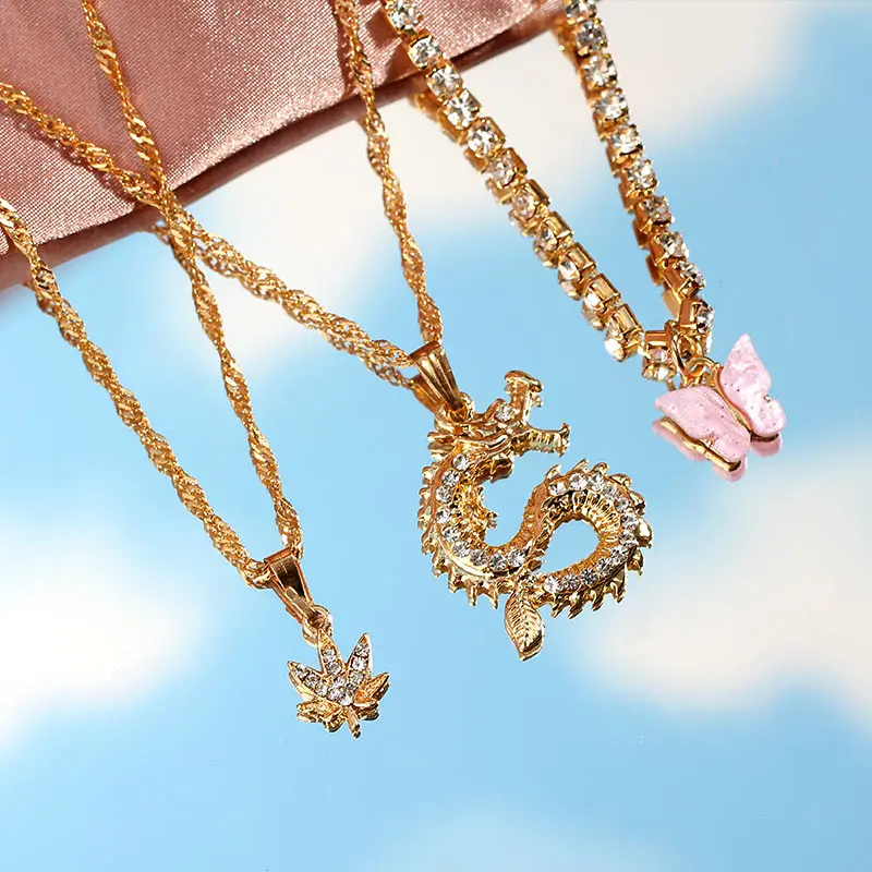 

Flatfoosie Punk Hip-hop Dragon Crystal Pendant Necklace for Women Multilayer Gold Color Butterfly Choker Necklace Jewelry Gift