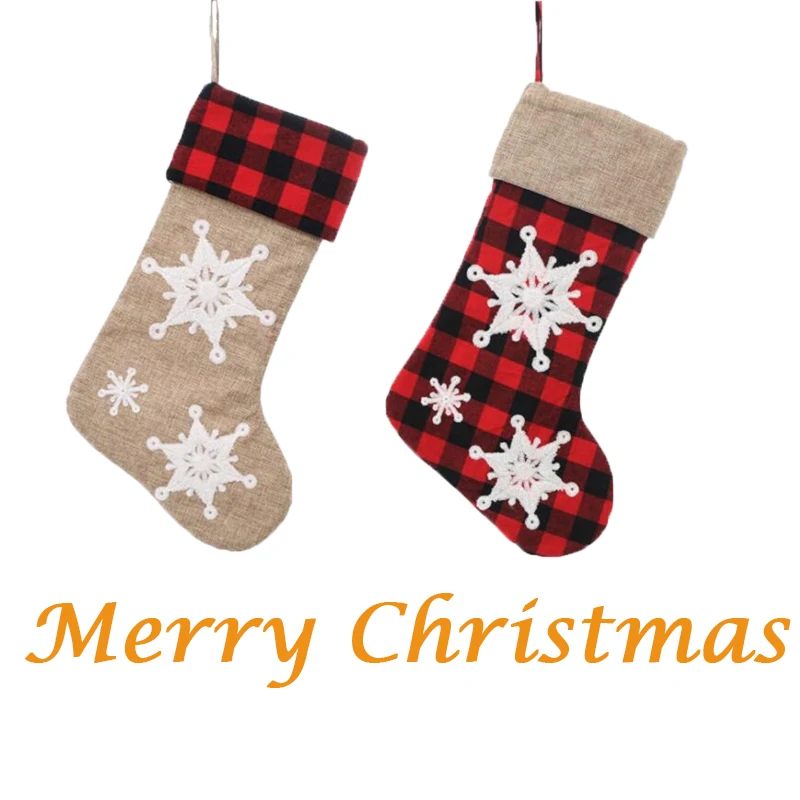 

Оптовая продажа, рождественские чулки, льняные красные клетчатые носки, снежинки, узор, рождественская елка, подвесное украшение, праздничн...