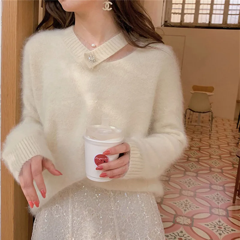 

EBAIHUI Faux Mink Cashmere Sweater for Women Warm V Neck Knitted Jumper Loose Pullover Elegant Tops Knitwear Winter Clothes