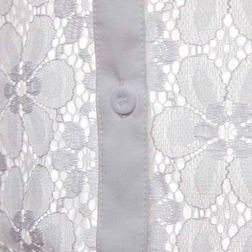

Men Sexy Shirts Long Sleeve Solid Color Lace Mesh See Through Clubwear Buttons Down Shirt Slim Party Transparent Shirt Tops