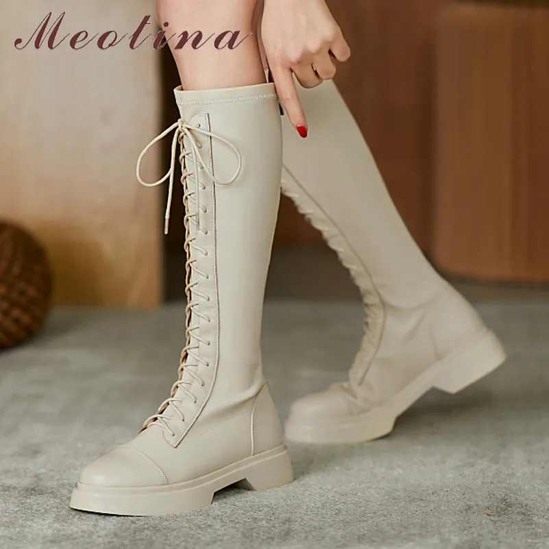 

Meotina Genuine Leather Med Heel Knee High Boots Woman Boots Zip Platform Block Heel Long Boots Lace Up Female Shoes Beige Black