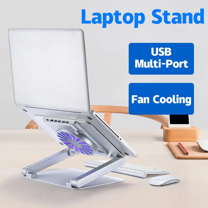 

Laptop Stand 13-16 Inch Aluminum Alloy Notebook Bracket Fan Cooling Foldable Adjustable Lifting Holder Radiator USB Multi-Port