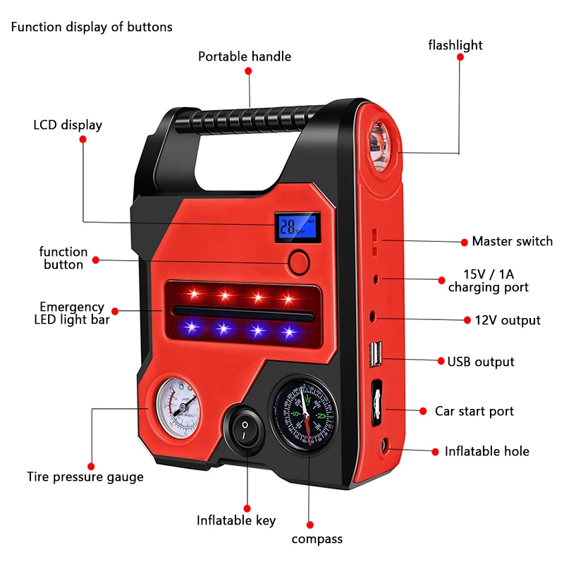 Воздушный компрессор для шин + Автомобильный пусковой механизм Power Bank 12V 22000mAh