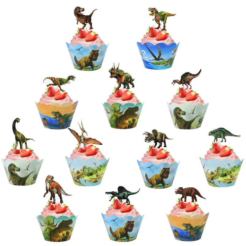 24Pcs Birthday Dinosaur Cupcake Wrappers Jungle Safari Roar Dino Cupcake Topper For Kid Birthday Jurassic World Party Cake Decor
