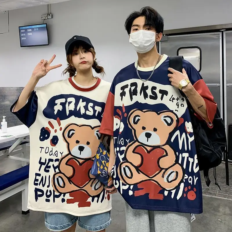 

Couple's clothing niche Design Summer Cartoon Bear graffiti short sleeve t-shirt men's and women's loose Korean half top