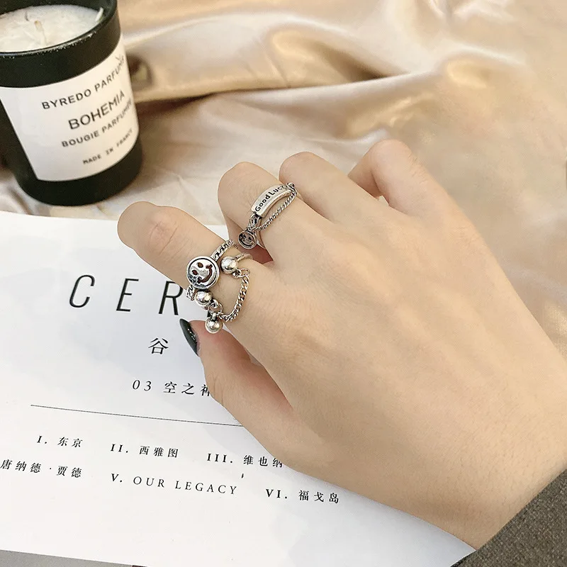 

Fashion personality ancient silver opening ring female smiling face multi-layer retro punk ring