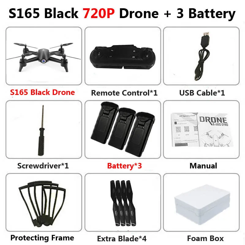 S165 720P Black 3B S165 Профессиональный WiFi FPV Дрон с двойной камерой 4K антенна видео широкоугольный оптический поток RC Квадрокоптер Вертолет игрушка E58 SG106 - Цвет: S165 720P Black 3B