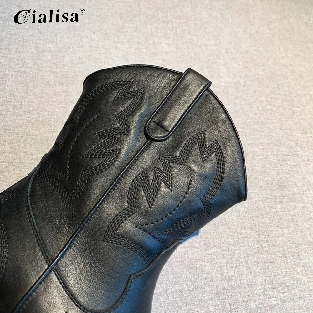 

CIALISA Women Boot Patchwork Fashion Handmade Genuine Leather Slip-On High Heel Shoes Pointed Toe Square Heel Western Boot