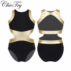 Гимнастический купальник для девочек, без рукавов, с металлическим соединением, с вырезом на спине и боковой талией, для выступлений на сцене