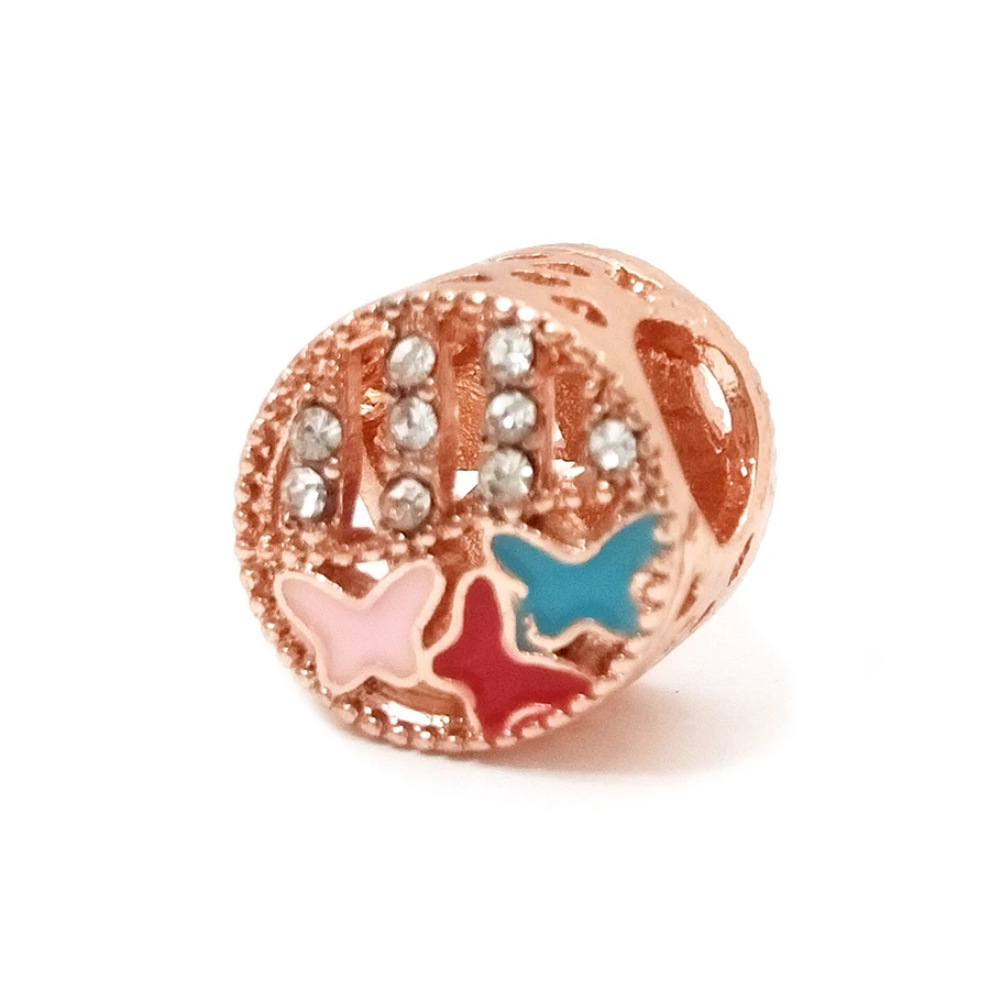 

Dinglly 2020 New Rose Gold Butterfly Garden Beaded Charm Fit Brands Bracelet & Necklace Jewelry Gift Round Accessories Beads