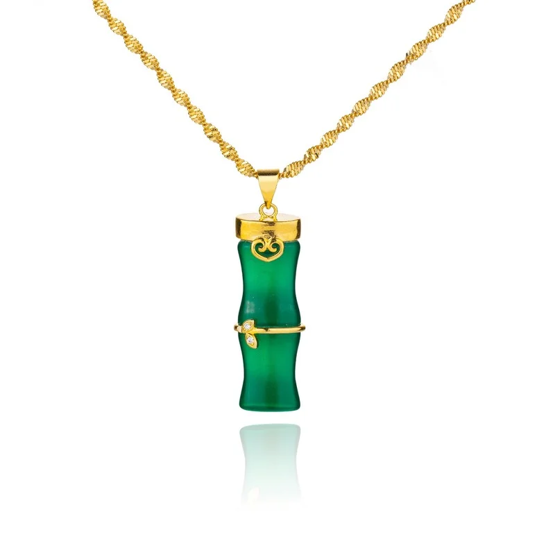

Qiongfu Luxury Fashion Necklace Plating Gold Inlaid Jade Bamboo Colored Stone Pendant Imitation Hetian Jade women's neck chains