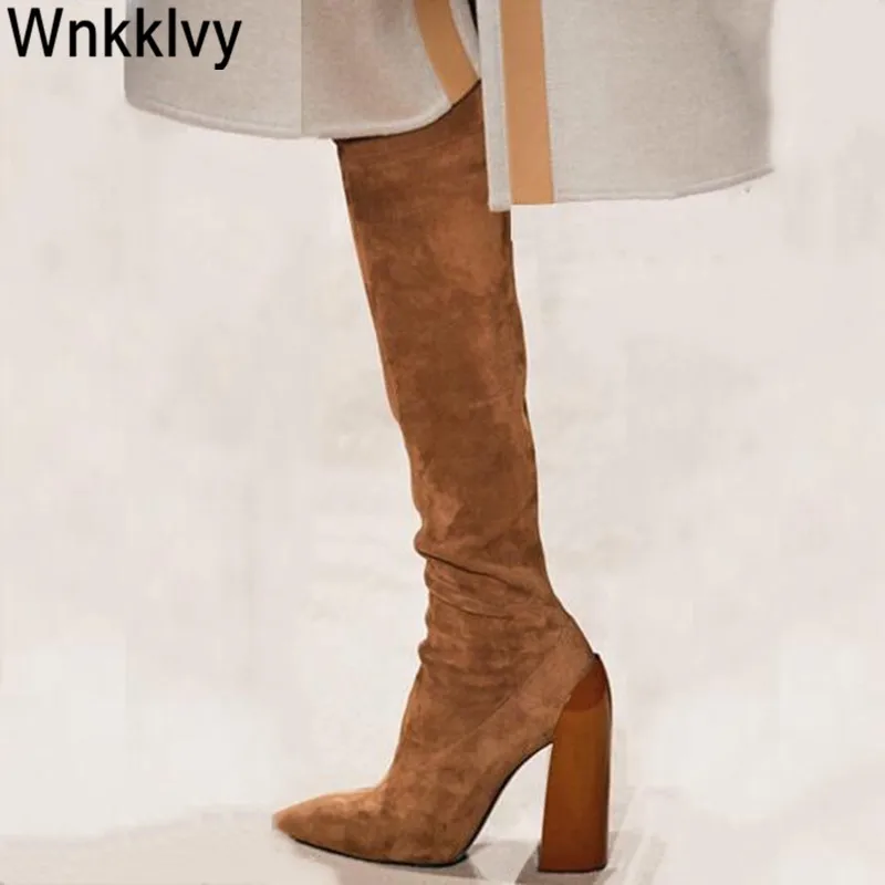 

Stretch autumn winter over the knee boots women suede flock chunky high heel shoes 2020 sexy catwalk long thigh high boots
