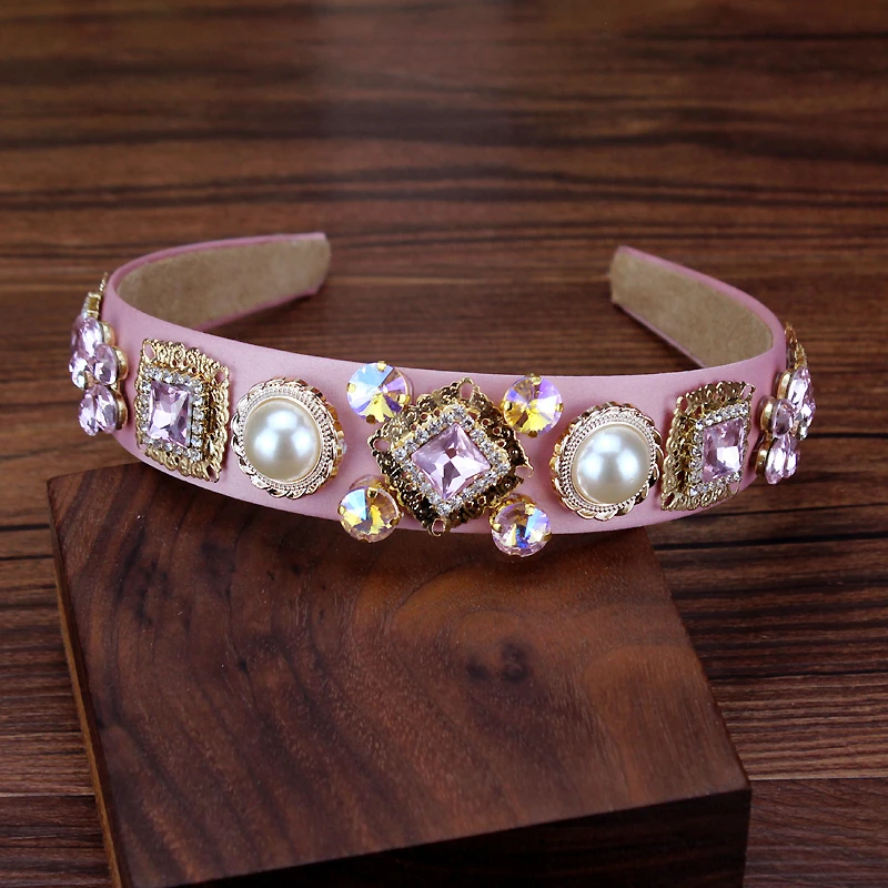 head band Широкая винтажная Роскошная розовая кристальная тиара в стиле барокко, королевская повязка на голову, блестящие стразы, повязка для волос для женщин, свадебные аксессуары для волос - Окраска металла: head band