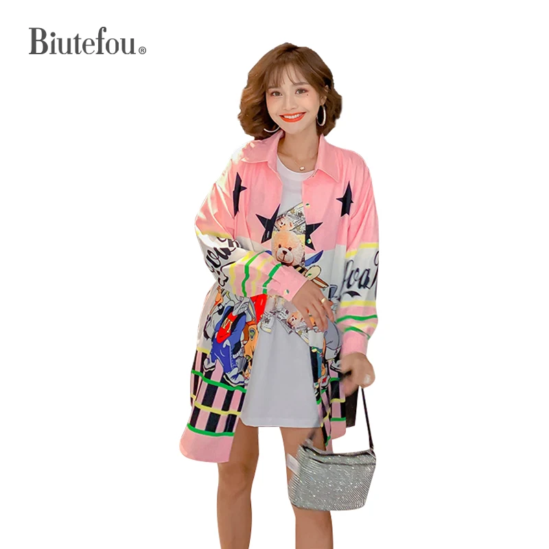 2020 Spring new arrival cartoon print long shirts fashion women | Женская одежда