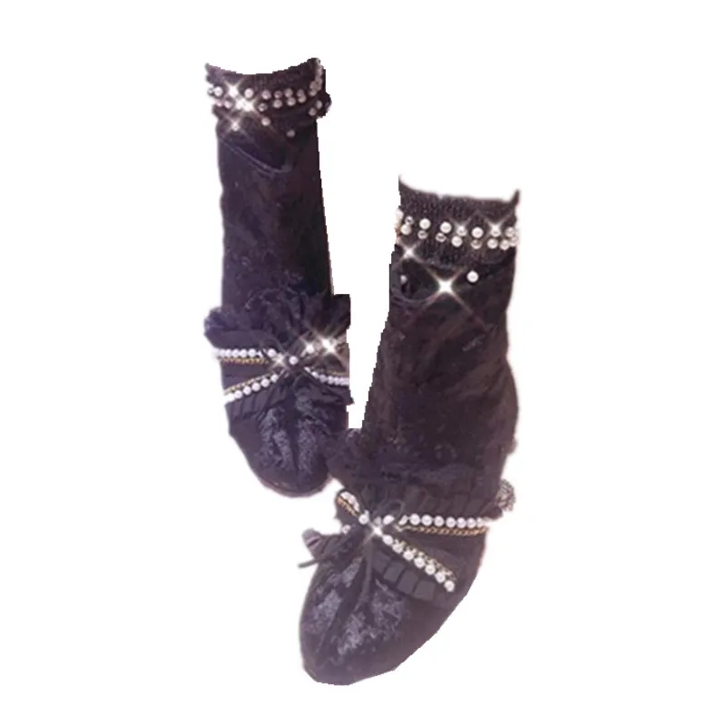 Женские замшевые ботинки принцессы черные с жемчужным Кружевом и бантом