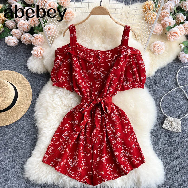 

Women Korean Floral Rompers Sexy Off Shoulder Ruffles Wide Leg Jumpsuits Summer Casual Bohemian Vacation Short Rompers