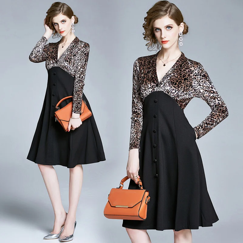 

ZUOMAN Women Autumn Elegant Leopard Dress Festa High Quality Office Cocktail Party Robe Femme Vintage V-neck Designer Vestidos
