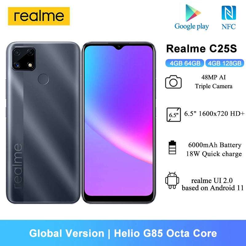 

Global Version Realme C25S Mobile Phones NFC 6.5'' Helio G85 Octa Core 48MP Primary Camera 6000mAh Smartphones 4GB RAM 128GB ROM