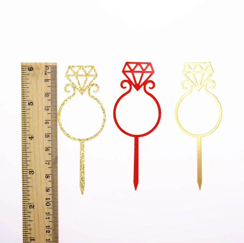 1pc Diamond Ring Bowtie Love Heart Cake Flag Topper Gold Red Acrylic Flags For Wedding Anniversary Party Baking Decor - купить по